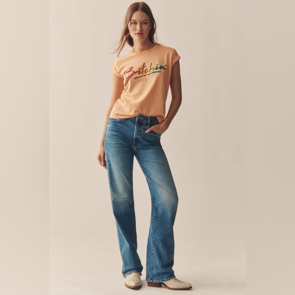 MOTHER Straight Leg Jeans in Blue Denim with Faded Wash